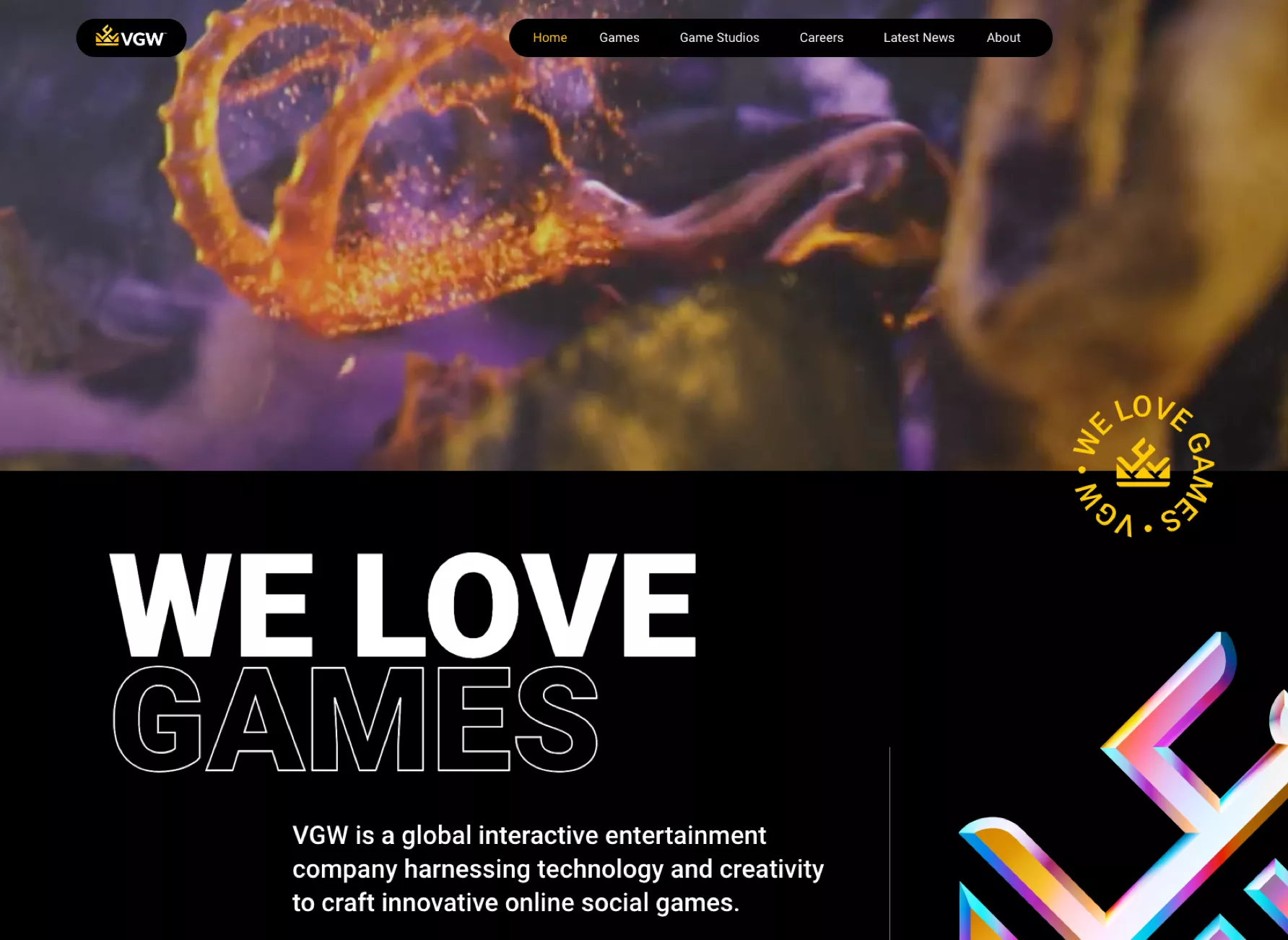 VGW homepage hero section showing vibrant gaming visuals and global online entertainment brand message