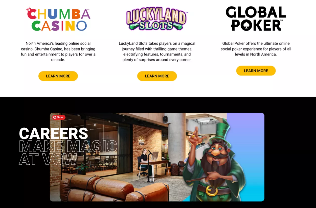 VGW desktop section showing gaming brands Chumba Casino, LuckyLand Slots and Global Poker with careers promotion