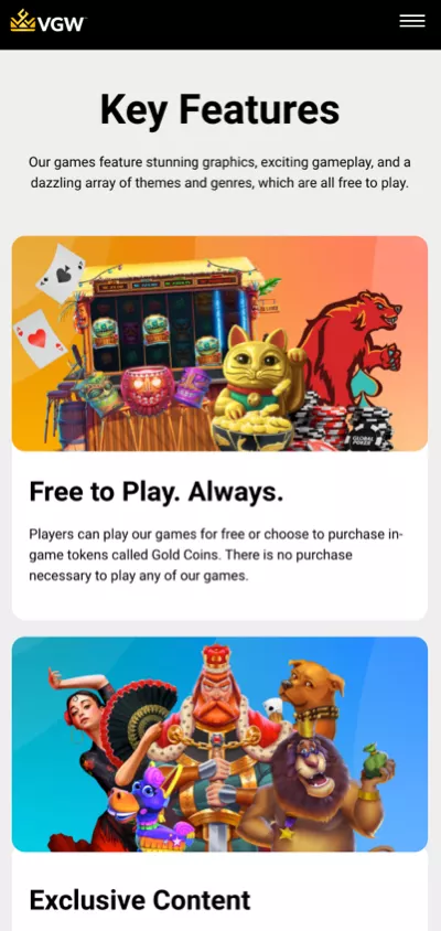 VGW mobile key features section showing free to play games, gameplay features and online social gaming content