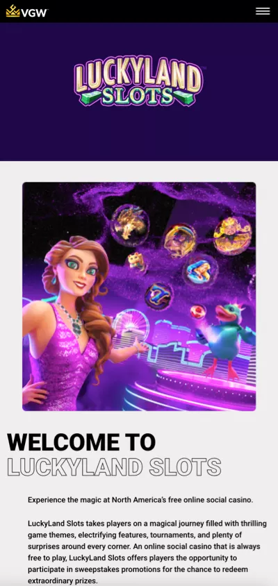 LuckyLand Slots mobile section showing colorful slot game visuals and free to play online social casino experience