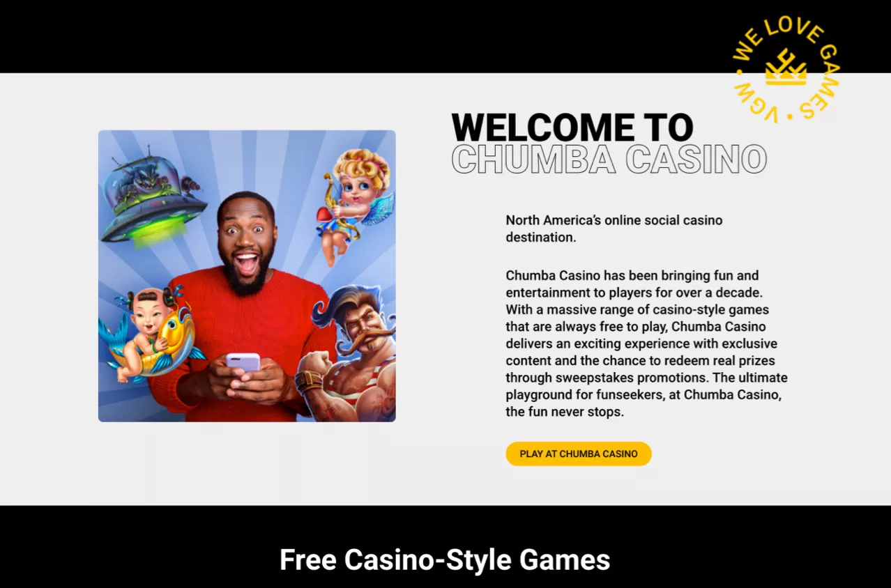 Chumba Casino desktop section showing player with mobile game characters and free to play online social casino experience
