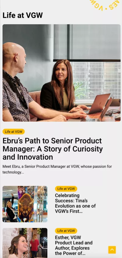 VGW mobile careers section showing team members collaborating in office and employee stories about innovation and culture