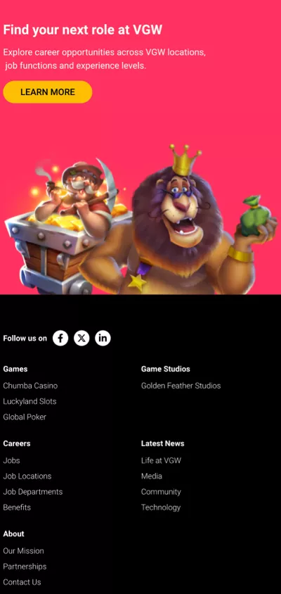 VGW mobile careers section showing job opportunities call to action with gaming characters and recruitment message