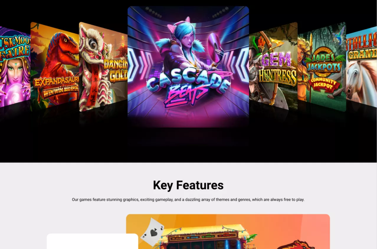 VGW desktop section showing slot game titles including Cascade Beats with vibrant visuals and online gaming content
