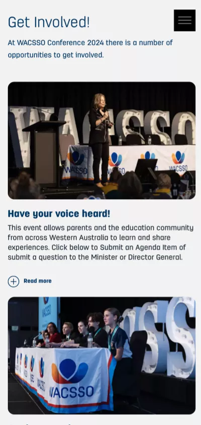WACSSO mobile section showing conference speaker and panel discussion highlighting community involvement in public education