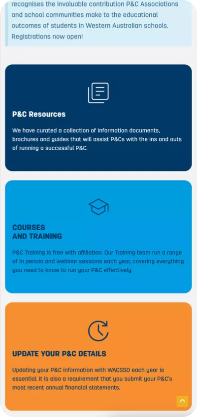 WACSSO mobile section showing resource and training cards highlighting support tools for parents and school communities in public education