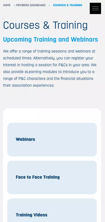 WACSSO mobile section showing courses and training options highlighting webinars and learning resources for parents and school communities