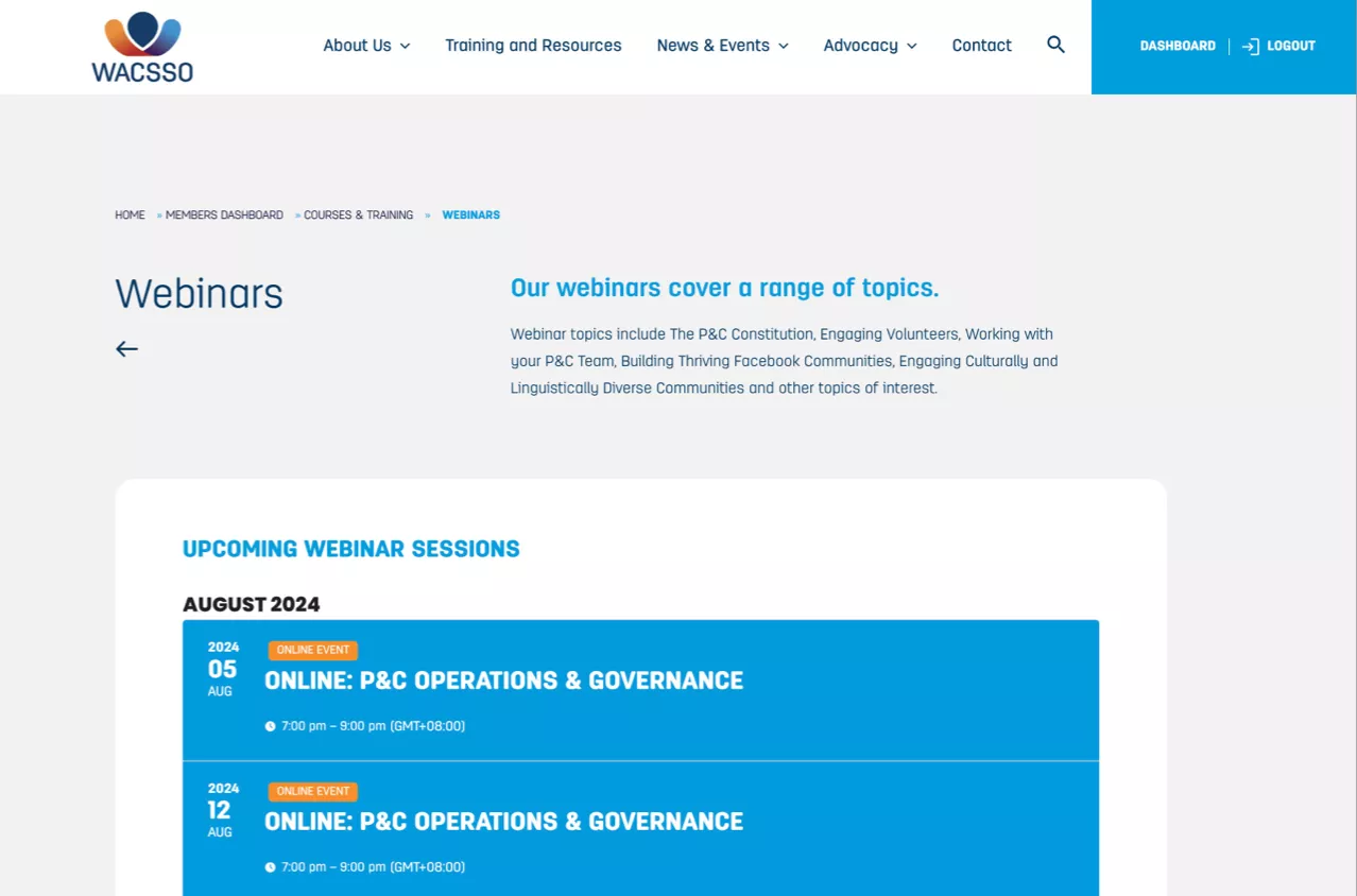 WACSSO desktop section showing webinar listings and upcoming sessions highlighting training opportunities for parents and school communities
