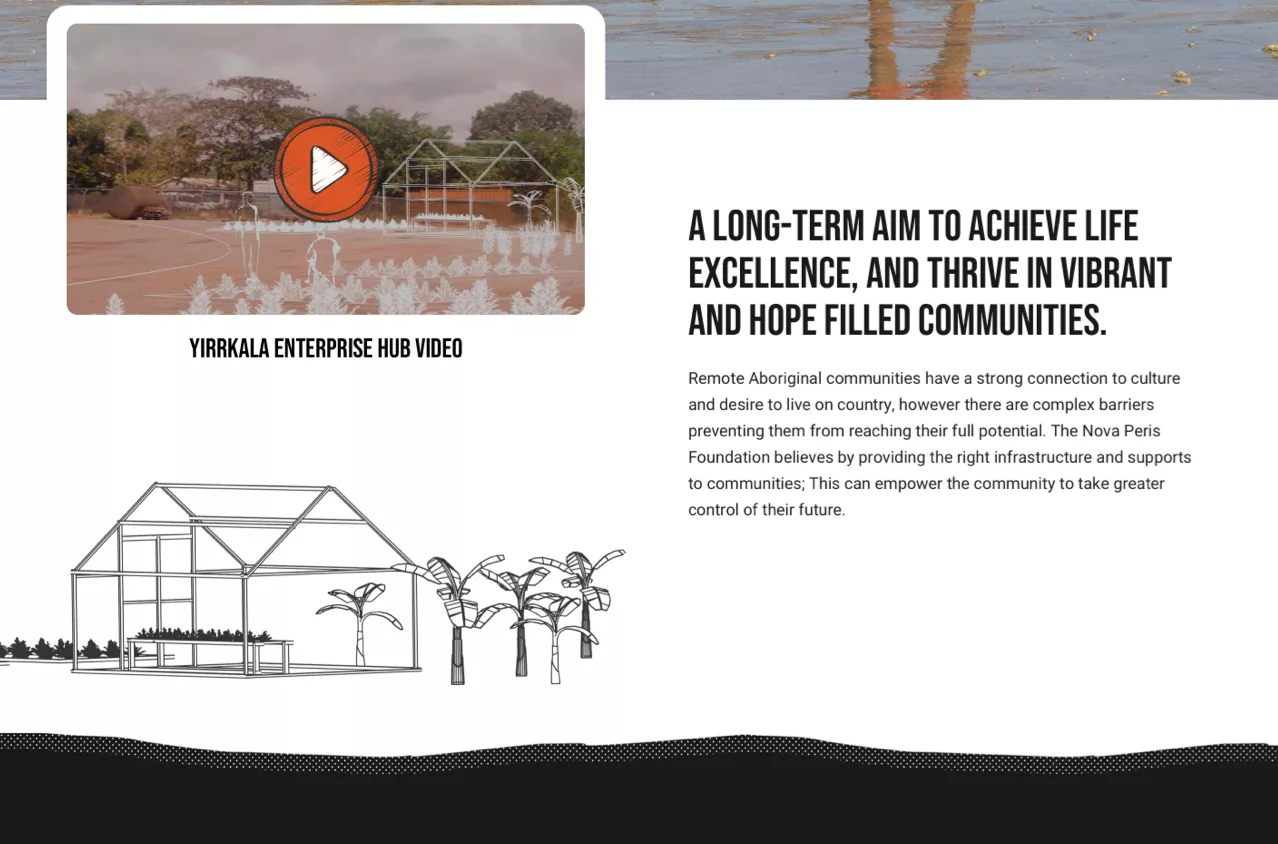 Website section showing Yirrkala Enterprise Hub video, project description, and greenhouse illustration