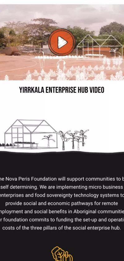 Mobile layout of Yirrkala Enterprise Hub section with video, description, and greenhouse illustration