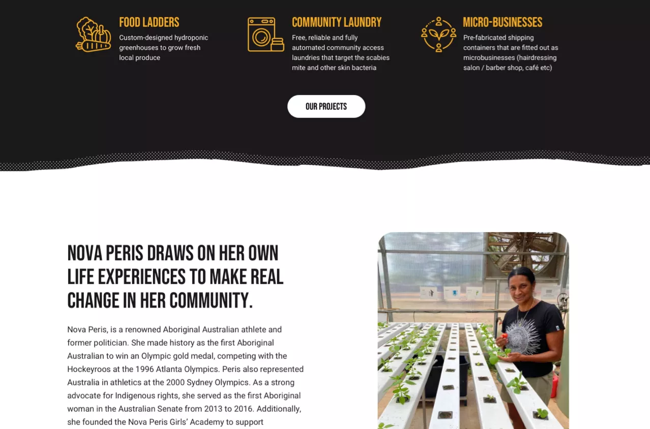 Desktop section showing community initiatives icons and Nova Peris in greenhouse with supporting text