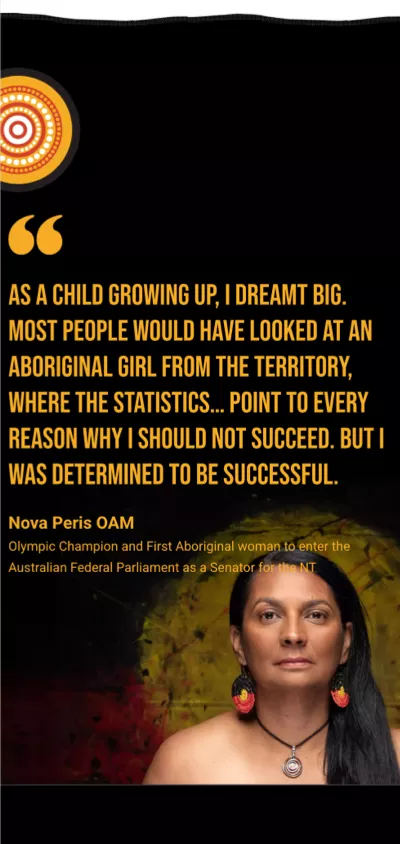 Portrait of Nova Peris with quote about determination and success