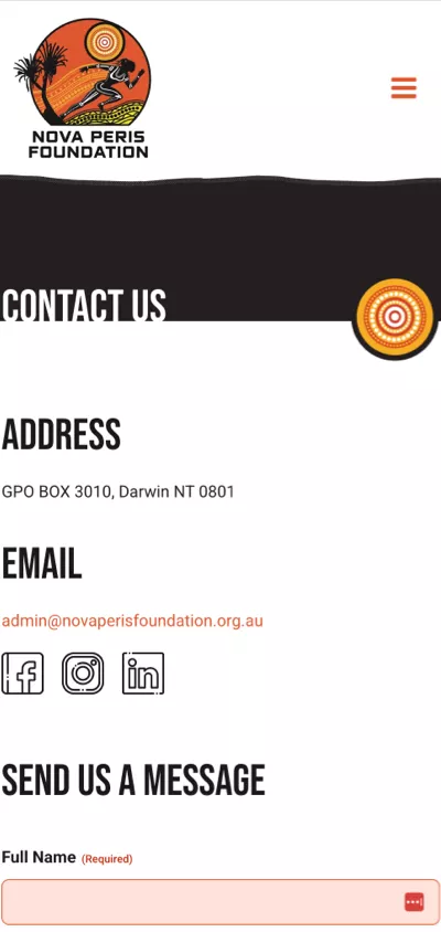 Nova Peris Foundation mobile Contact Us page showing address, email, social links, and contact form
