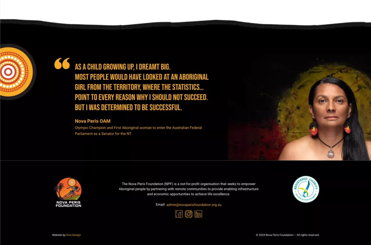 Nova Peris Foundation website footer with inspirational quote, portrait, contact details, and social links